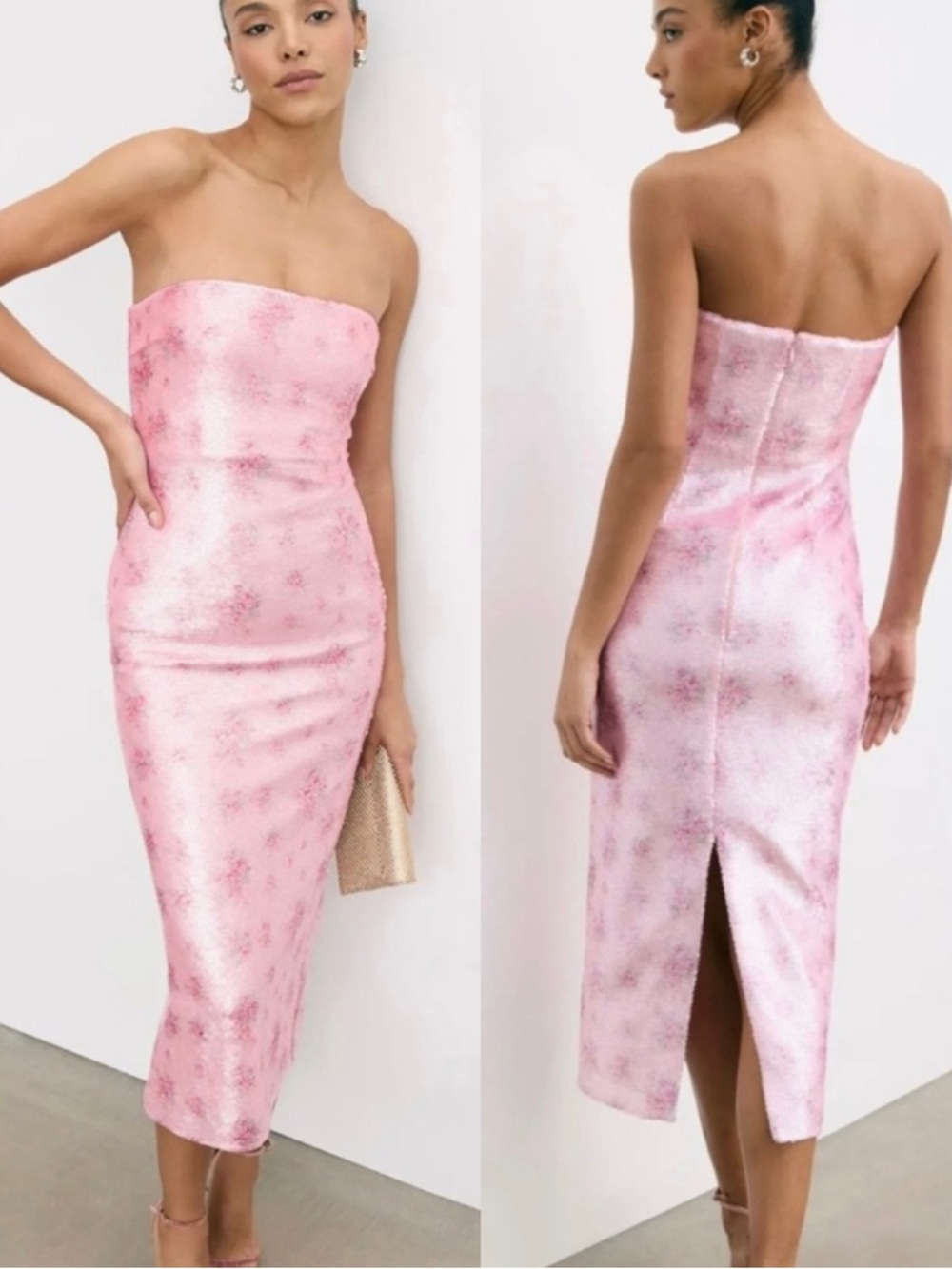 LoveShackFancy Stasia Sequin Floral Strapless Pink Cocktail Midi Dress NEW